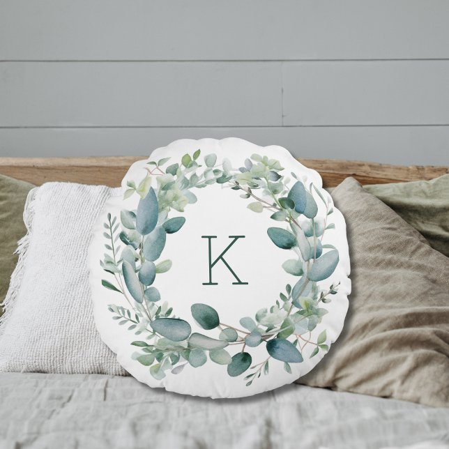 Monogram Eucalyptus Greenery Leaves Wedding Round Cushion (Monogrammed Eucalyptus Greenery Round Bedroom or Sofa Pillow.)