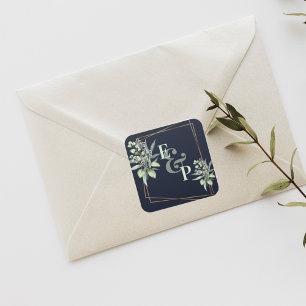 Monogram Eucalyptus Leaves Cute Greenery Wedding Square Sticker