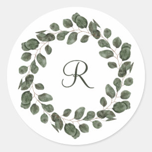 Monogram Eucalyptus Leaves Elegant Modern Classic Round Sticker