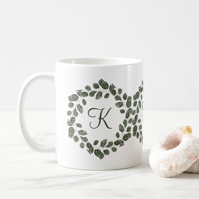 Monogram Eucalyptus Leaves Elegant Modern  Coffee Mug (With Donut)