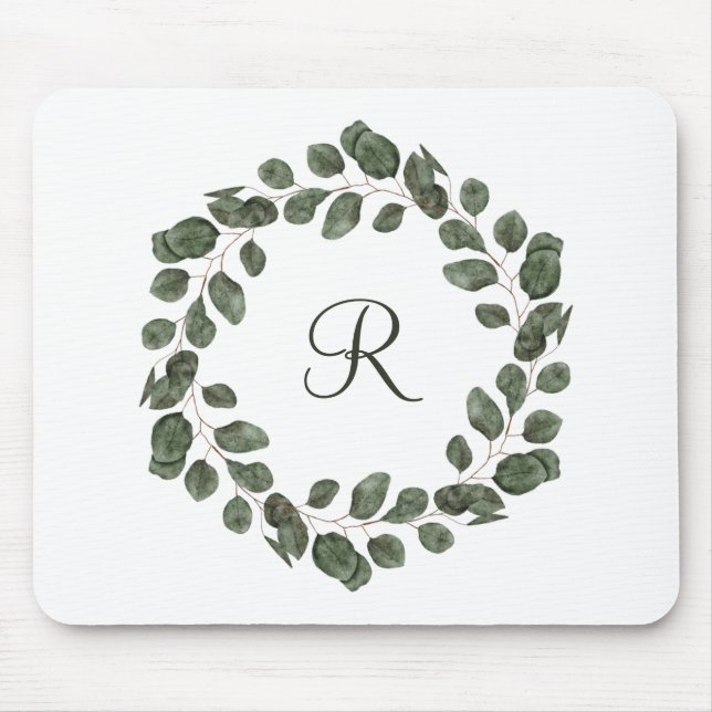 Monogram Eucalyptus Leaves Elegant Modern  Mouse Pad (Front)