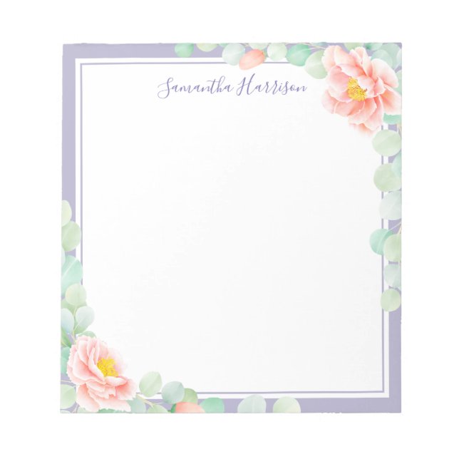 Monogram Eucalyptus Leaves Peony Floral Peach Grey Notepad (Front)