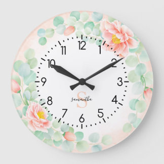 Monogram Eucalyptus Leaves Peony Floral Peach Sage Large Clock