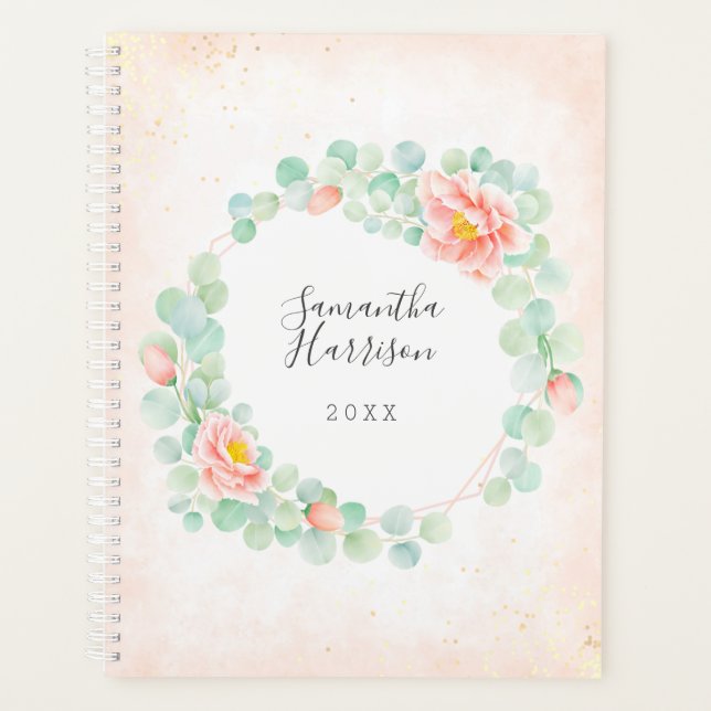 Monogram Eucalyptus Leaves Peony Floral Peach Sage Planner (Front)