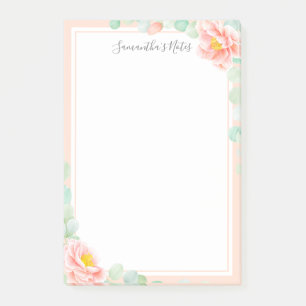 Monogram Eucalyptus Leaves Peony Floral Peach Sage Post-it Notes