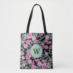 Monogram Eucalyptus Rose Watercolor Design Tote Bag