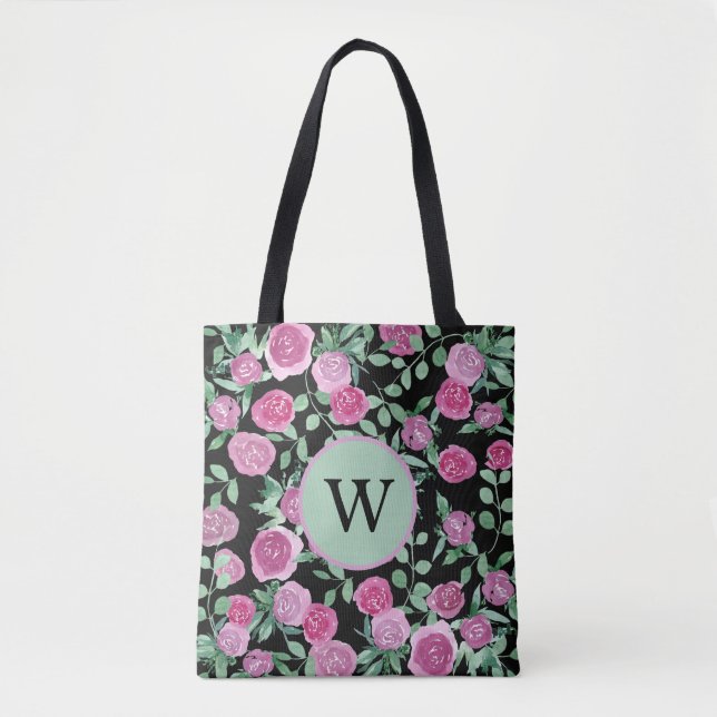 Monogram Eucalyptus Rose Watercolor Design Tote Bag (Front)