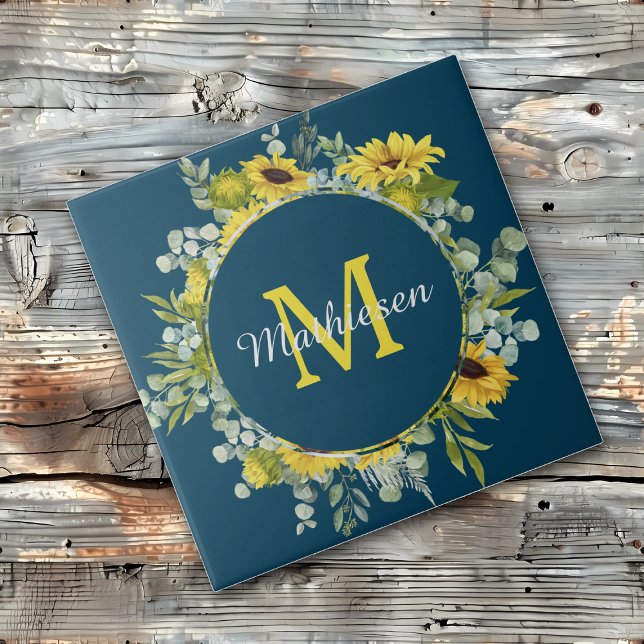 Monogram Eucalyptus Sunflower Blue Tile (Creator Uploaded)