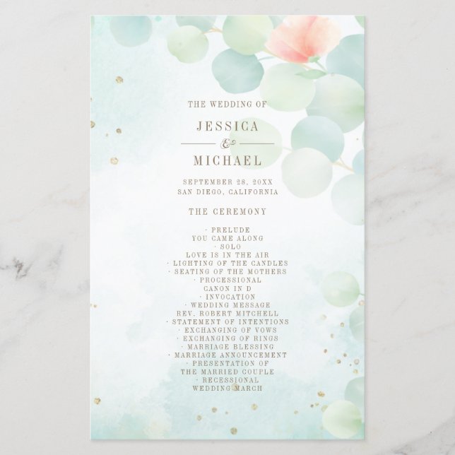 Monogram Eucalyptus Watercolor Wedding Program (Front)
