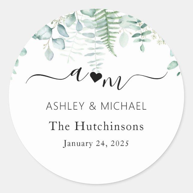 Monogram Eucalyptus Wedding Classic Round Sticker (Front)
