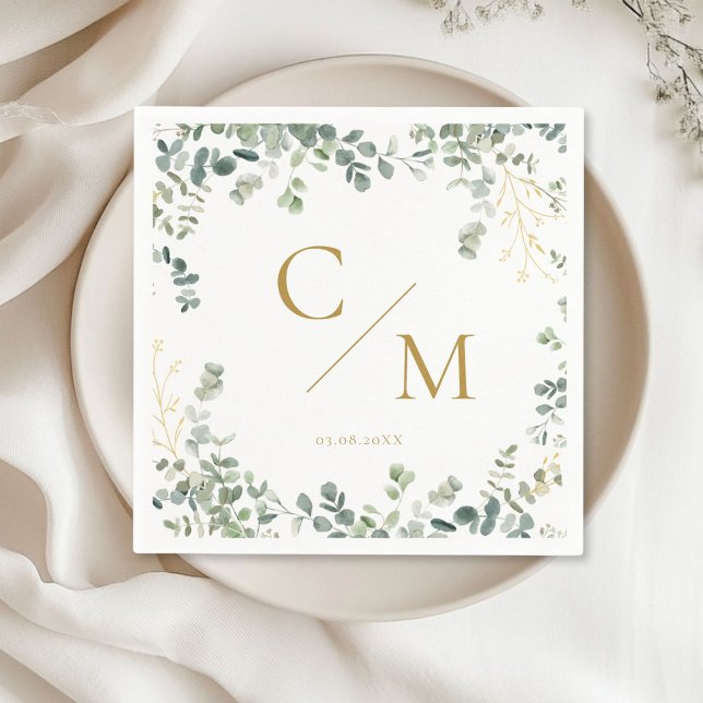 Monogram Eucalyptus Wedding  Napkin (Monogram Eucalyptus Wedding Napkinswith your name and date.)