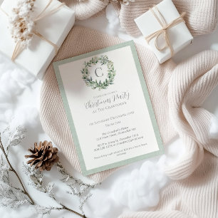 Monogram Eucalyptus Wreath Christmas Invitation