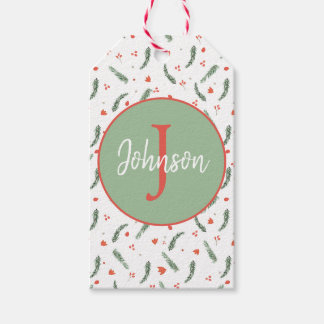 Monogram Evergreen and Red Holiday Gift Tags
