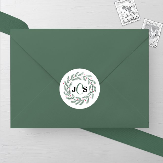 Monogram Evergreen Wreath Wedding Classic Round Sticker (Creator Uploaded)
