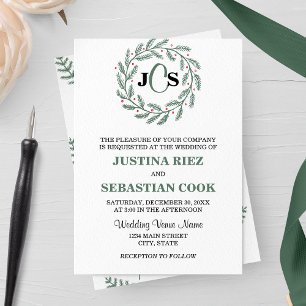 Monogram Evergreen Wreath Wedding Invitation