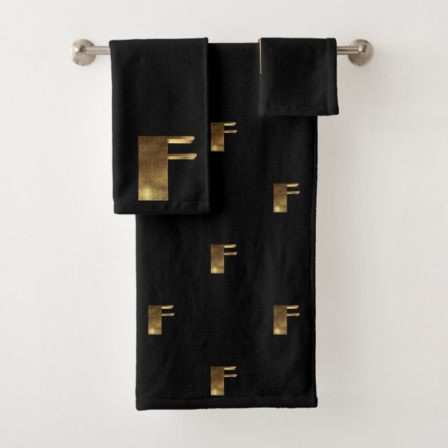 Monogram F Black and Gold Look Elegant Typography Bath Towel Set (Insitu)
