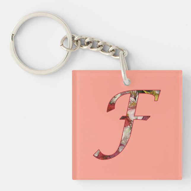 Monogram F Floral Design Keychain (Front)