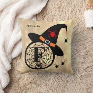 Monogram F Halloween Sky Witch Spiders Name Cushion