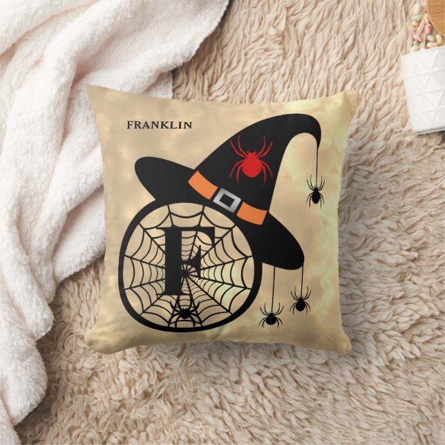 Monogram F Halloween Sky Witch Spiders Name Cushion (Blanket)