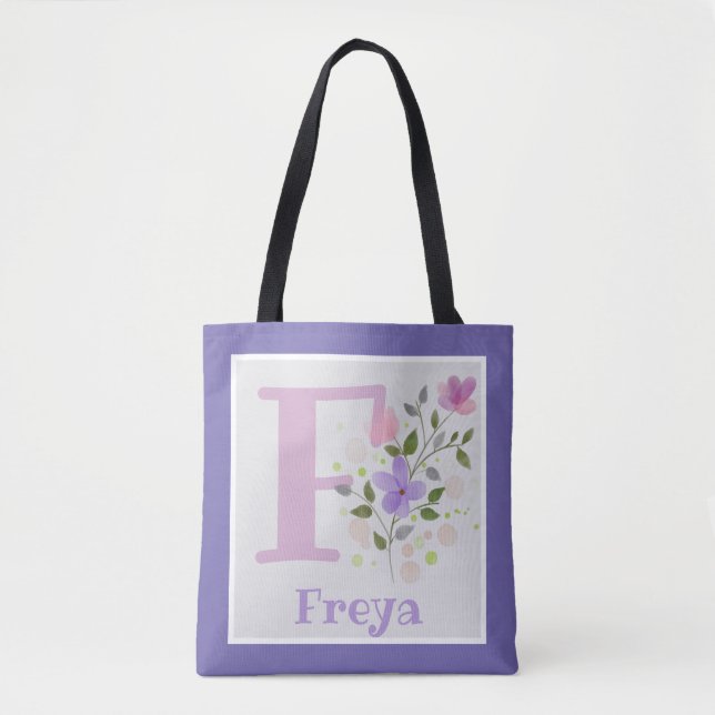Monogram F & Name Freya with Flowers Tote Bag (Front)