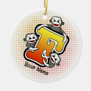 Monogram F Sock Monkey  Ceramic Tree Decoration