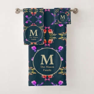 Monogram Faberge-like Rose Pattern on Dark Blue Bath Towel Set