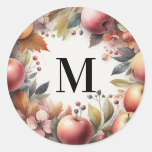 Monogram Fall apples in pastel colours watercolor Classic Round Sticker