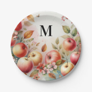 Monogram Fall apples in pastel colours watercolor  Paper Plate
