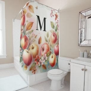 Monogram Fall apples in pastel colours watercolor Shower Curtain