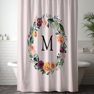 Monogram Fall Autumn Rose Flower Floral Wreath Shower Curtain