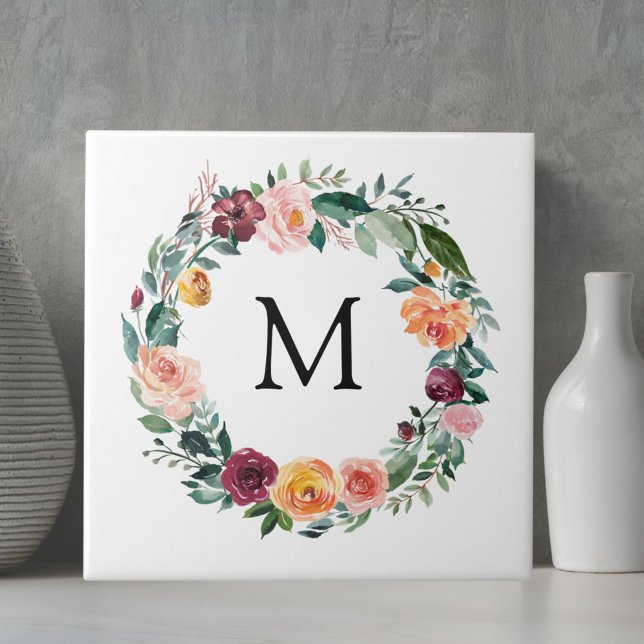 Monogram Fall Autumn Rose Flower Floral Wreath  Tile (Close up)
