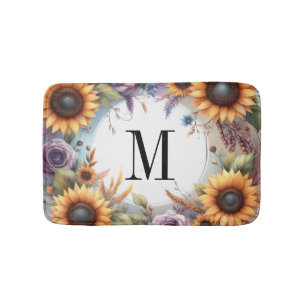 Monogram Fall flowers and sunflowers watercolor Bath Mat