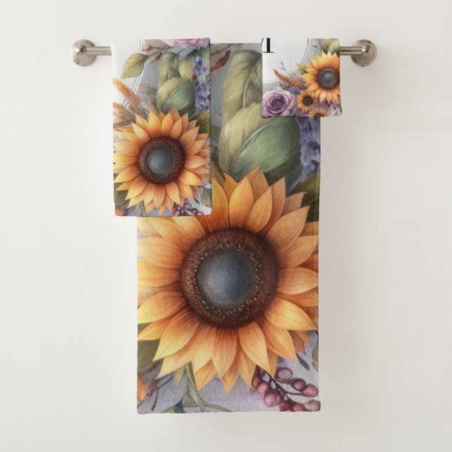Monogram Fall flowers and sunflowers watercolor Bath Towel Set (Insitu)