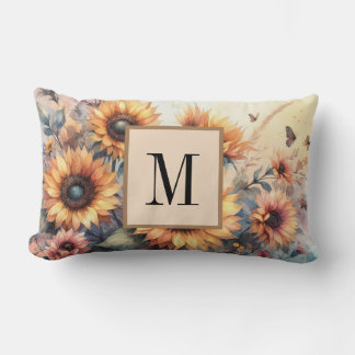 Monogram Fall flowers and sunflowers watercolor Lumbar Cushion