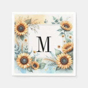Monogram Fall flowers and sunflowers watercolor Napkin