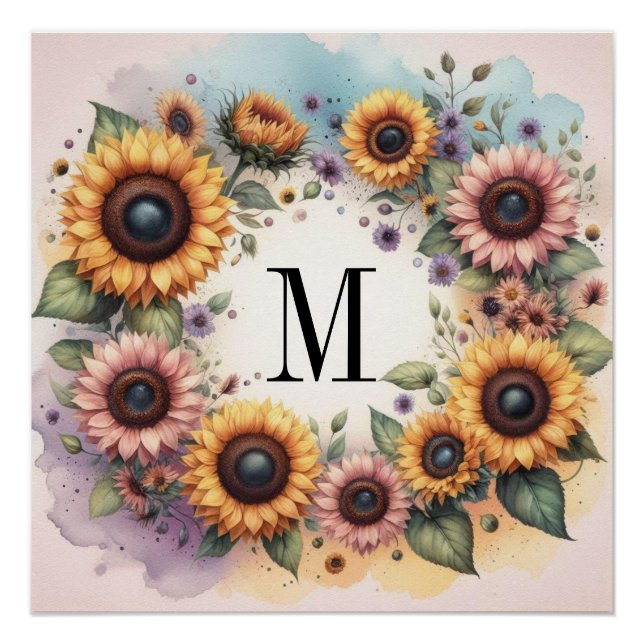 Monogram Fall flowers and sunflowers watercolor Poster (Front)