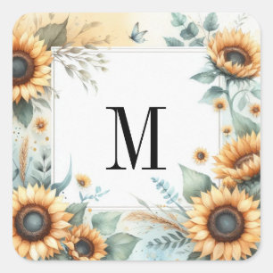 Monogram Fall flowers and sunflowers watercolor Square Sticker