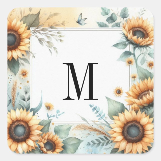 Monogram Fall flowers and sunflowers watercolor Square Sticker (Front)