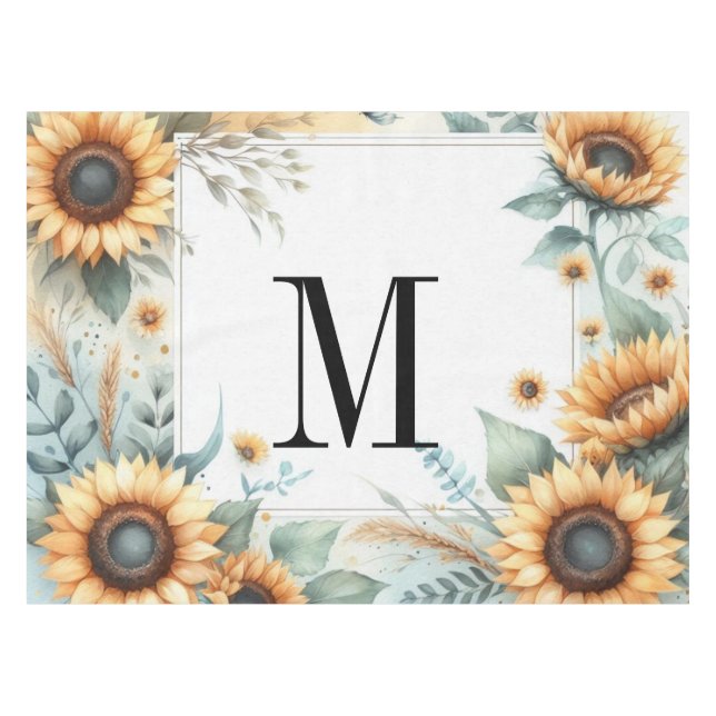 Monogram Fall flowers and sunflowers watercolor Tablecloth (Front (Horizontal))