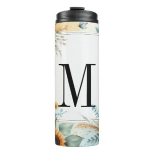Monogram Fall flowers and sunflowers watercolor Thermal Tumbler