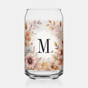 Monogram Fall leaves and flowers watercolor Can Glass