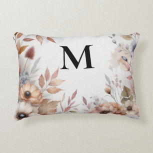 Monogram Fall leaves and flowers watercolor  Decorative Cushion