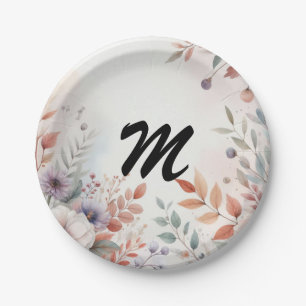 Monogram Fall leaves and flowers watercolor  Paper Plate