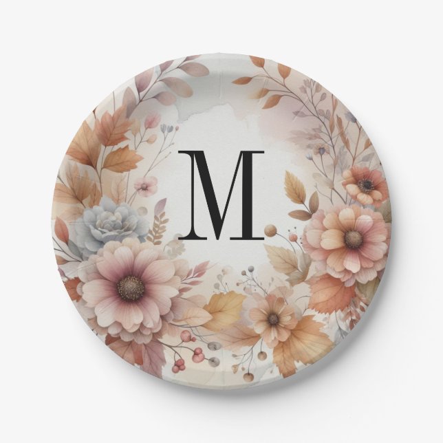 Monogram Fall leaves and flowers watercolor  Paper Plate (Front)