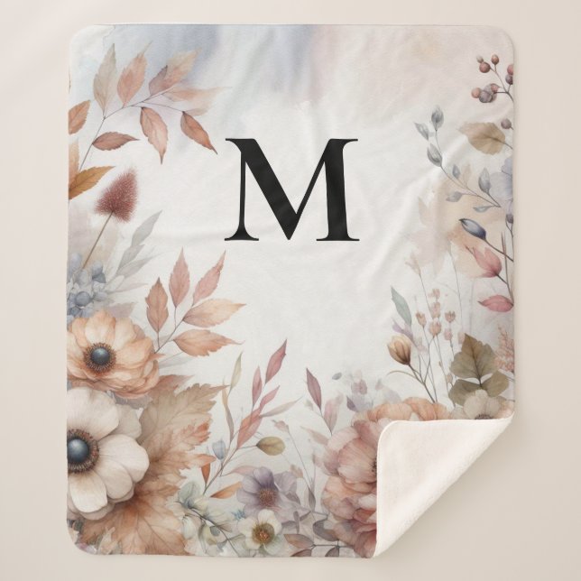 Monogram Fall leaves and flowers watercolor  Sherpa Blanket (Front)