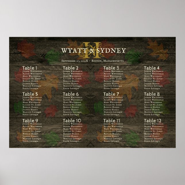 Monogram Fall Leaves Dark Wood Table Seating Chart (Front)