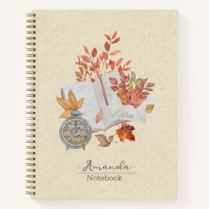 Monogram fall leaves Natural texture Orange Notebook