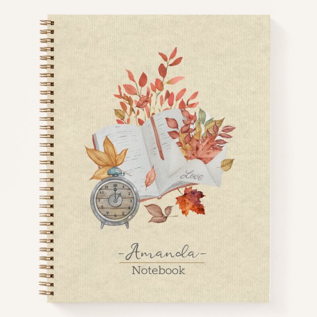 Monogram fall leaves Natural texture Orange  Notebook (Front)