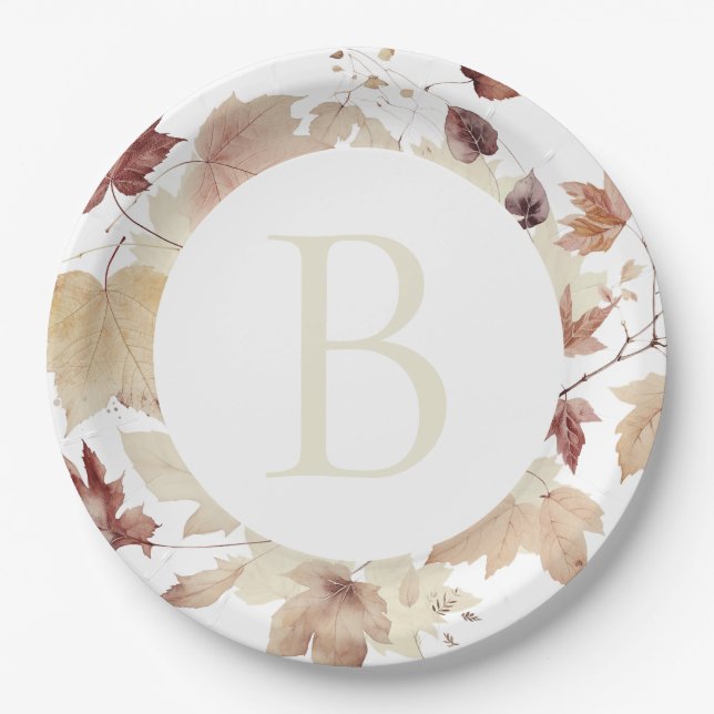 Monogram Fall Leaves Thanksgiving Paper Plate (Front)