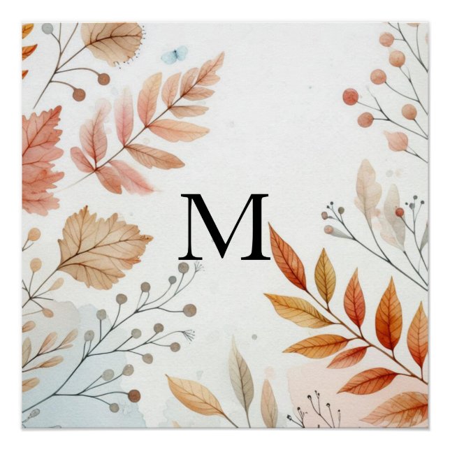 Monogram Fall leaves watercolor pastel colour  Poster (Front)